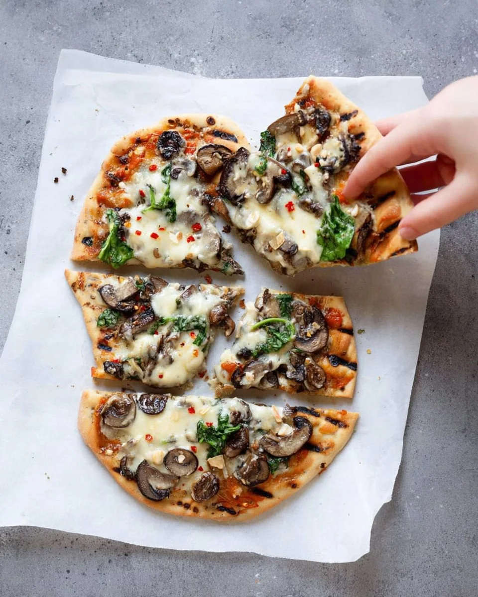 Grilled flatbread pizza topped with fresh vegetables and cheese