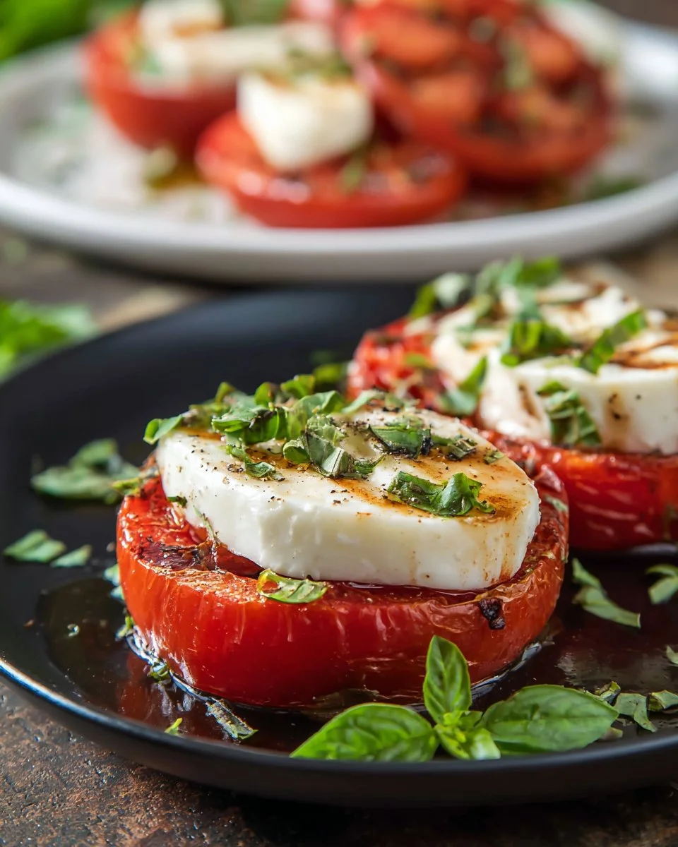 Grilled tomatoes topped with melted mozzarella cheese, ready to serve.