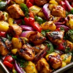 Delicious Hawaiian chicken sheet pan meal with vibrant vegetables.