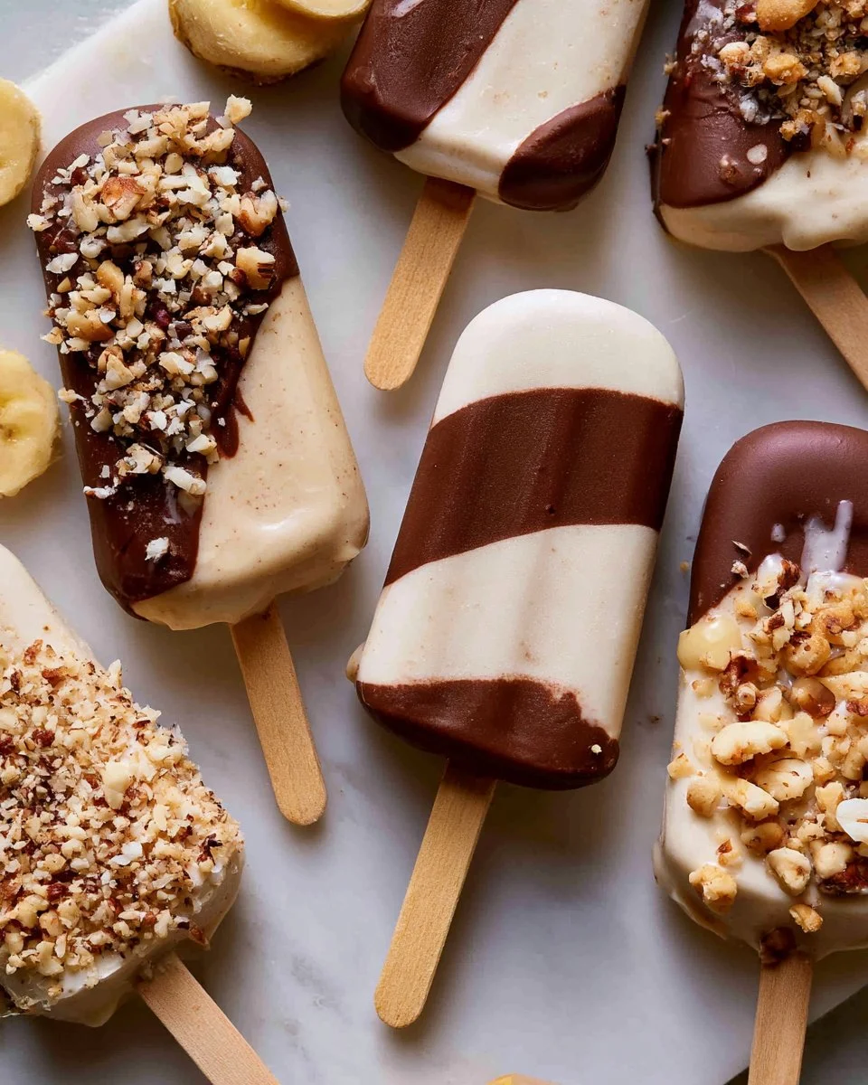 Healthy banana popsicles made from ripe bananas and yogurt, ideal for a refreshing snack.