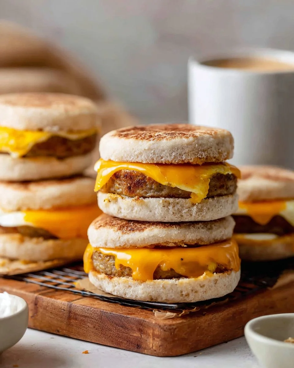 Healthy make ahead breakfast sandwiches on a wooden board