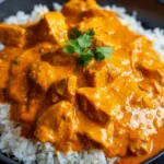 Healthy slow cooker butter chicken recipe with spices and chicken in a bowl