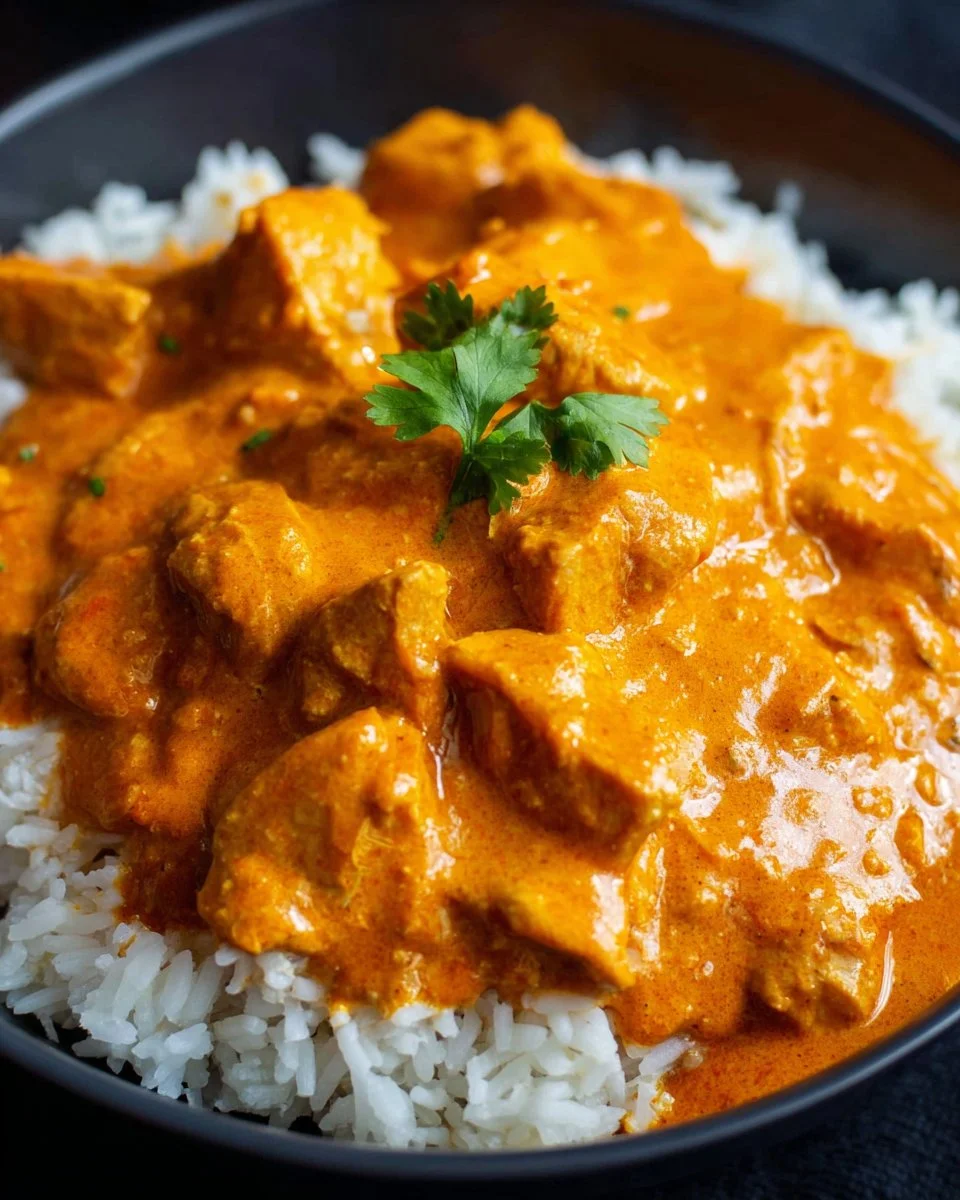 Healthy slow cooker butter chicken recipe with spices and chicken in a bowl