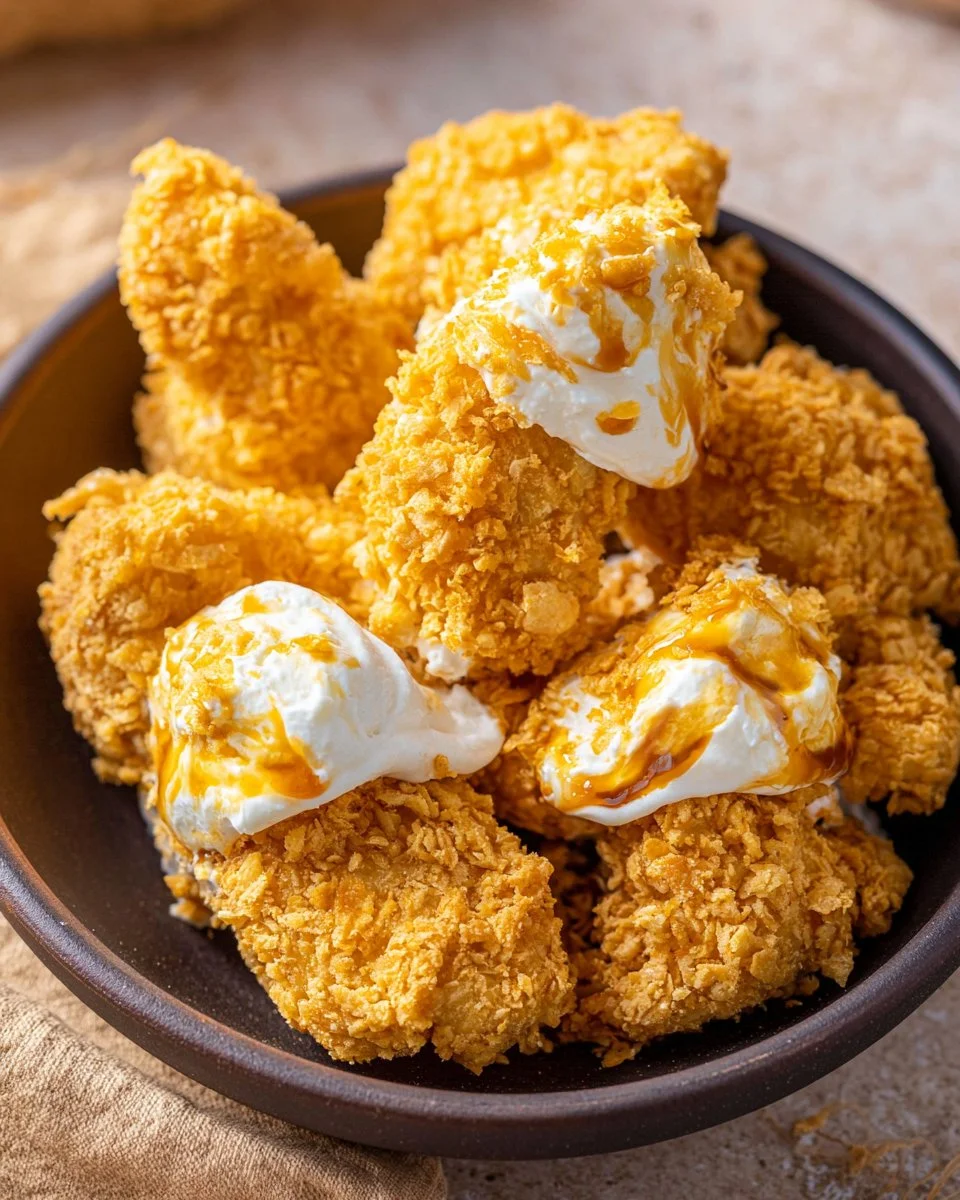 Homemade fried chicken ice cream served in a bowl with toppings