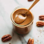 Homemade pecan butter in a jar with pecans on the side