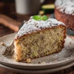 A slice of homemade zucchini cake topped with cream cheese frosting and fresh zucchini