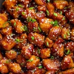 Delicious plate of Honey Sriracha Chicken garnished with green onions