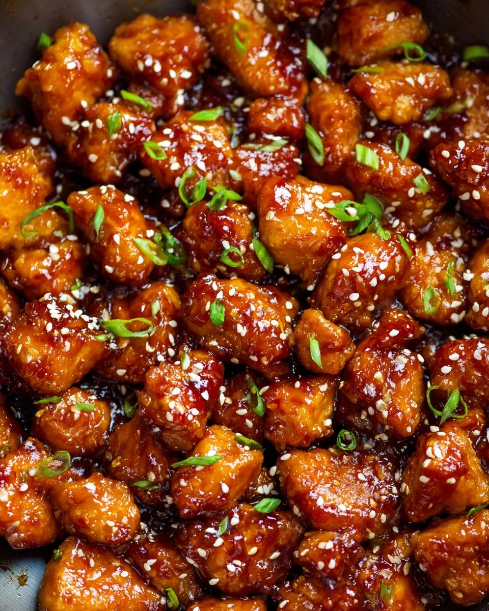 Delicious plate of Honey Sriracha Chicken garnished with green onions