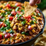Delicious hot taco dip served in a bowl with tortilla chips for dipping.