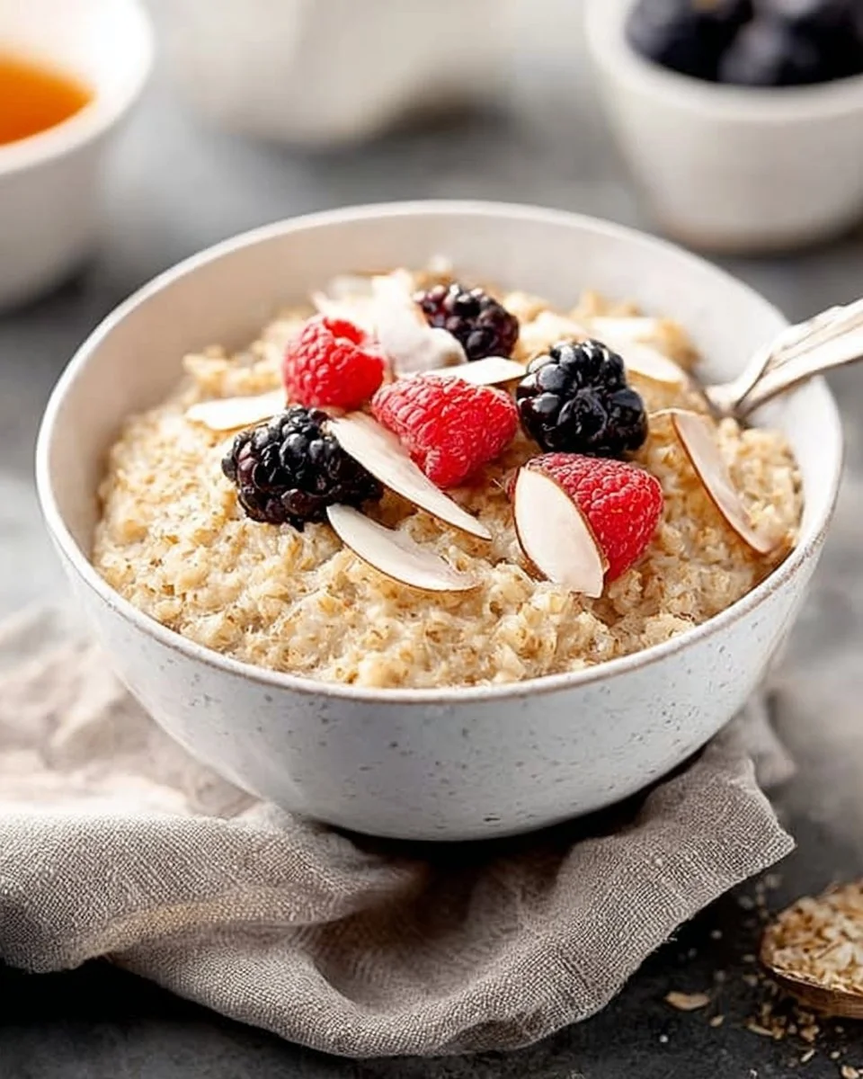 Bowl of creamy Instant Pot steel cut oats topped with fruit and nuts