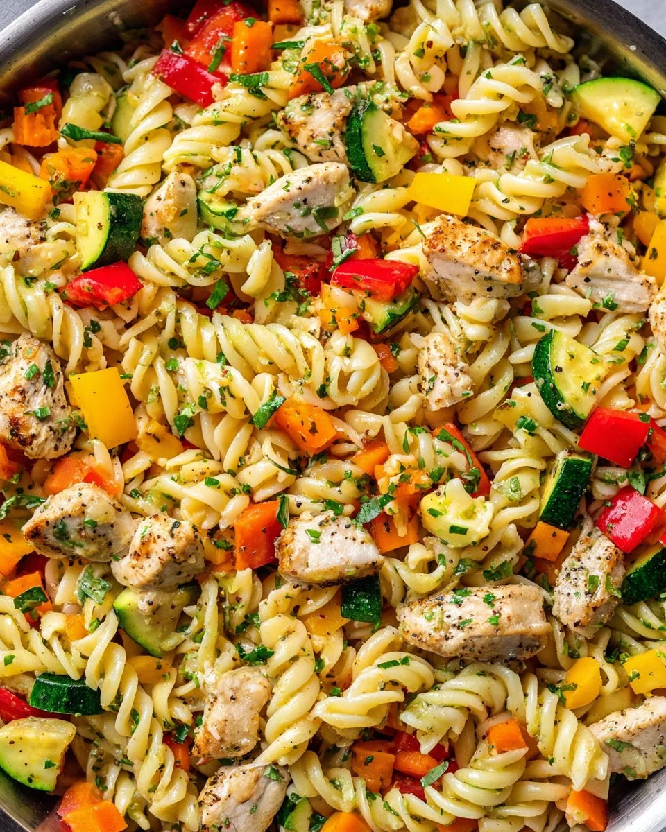 Delicious Italian Chicken Pasta Salad served in a bowl with fresh ingredients
