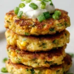 Jalapeño, Corn & Zucchini Cakes served on a plate garnished with herbs
