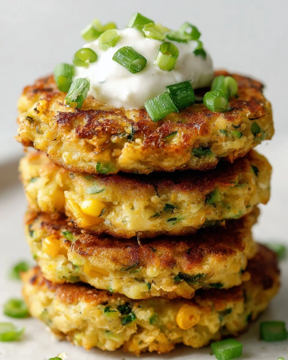 Jalapeño, Corn & Zucchini Cakes served on a plate garnished with herbs