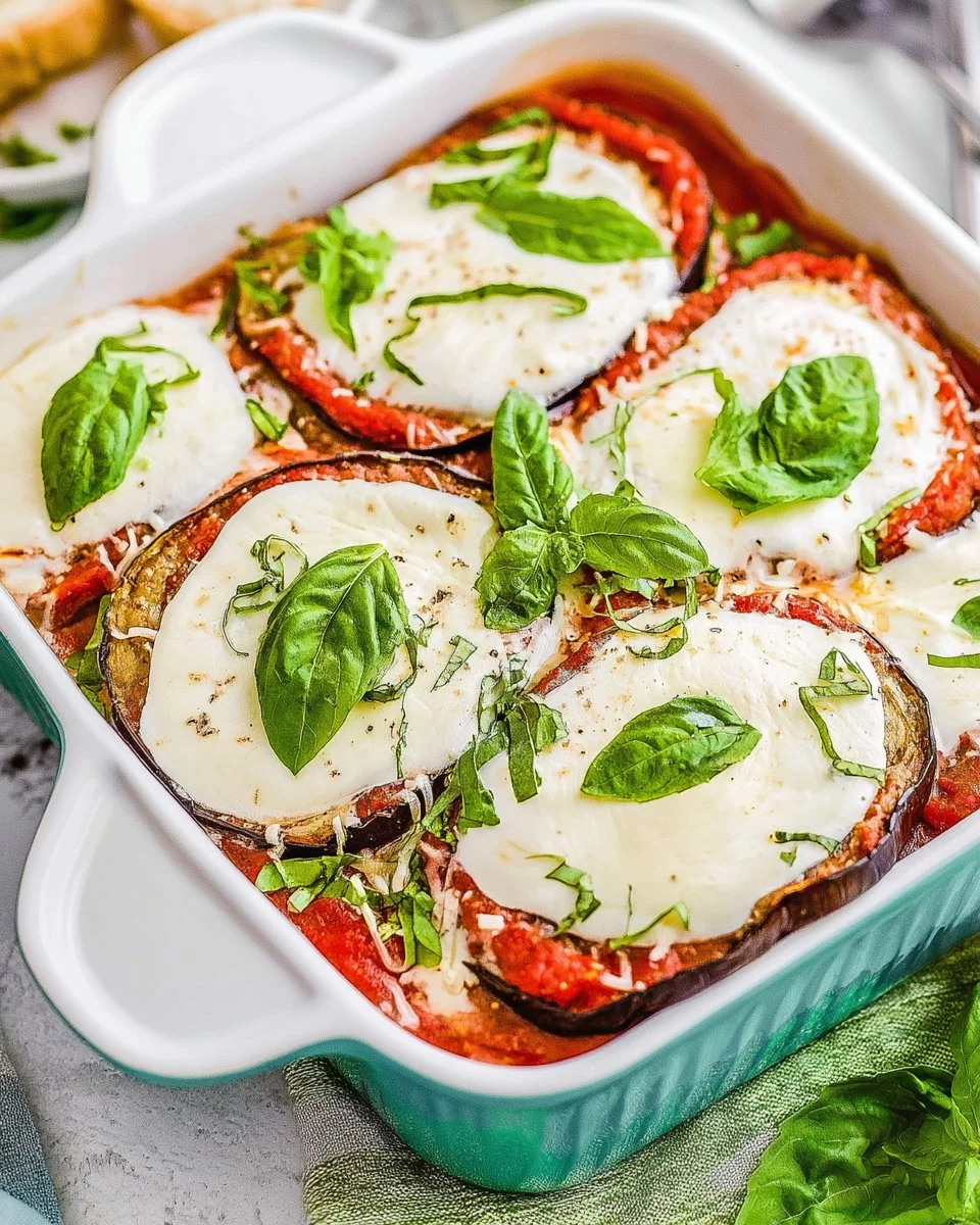 Delicious Keto Eggplant Parmesan dish served with fresh herbs and cheese
