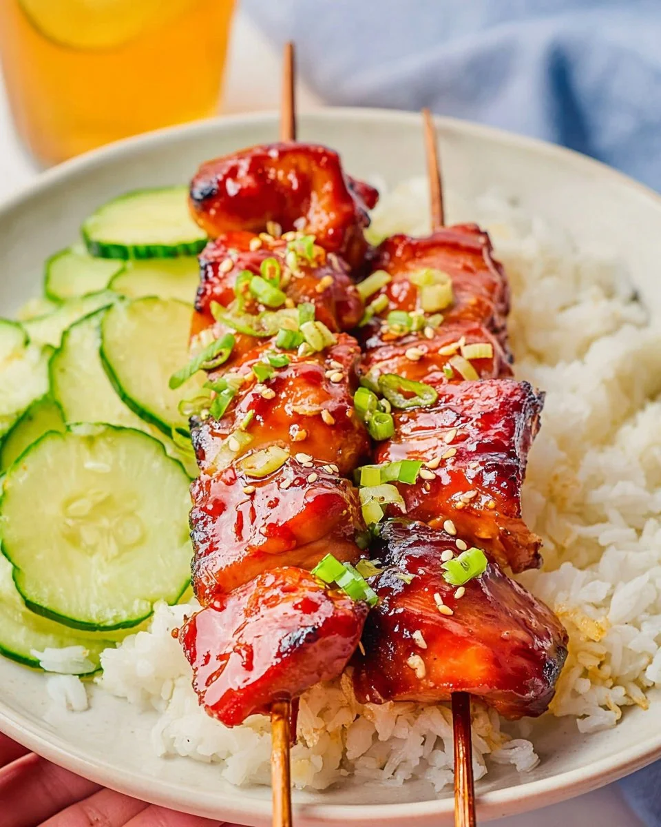 Grilled Korean BBQ chicken skewers with vibrant herbs and spices.