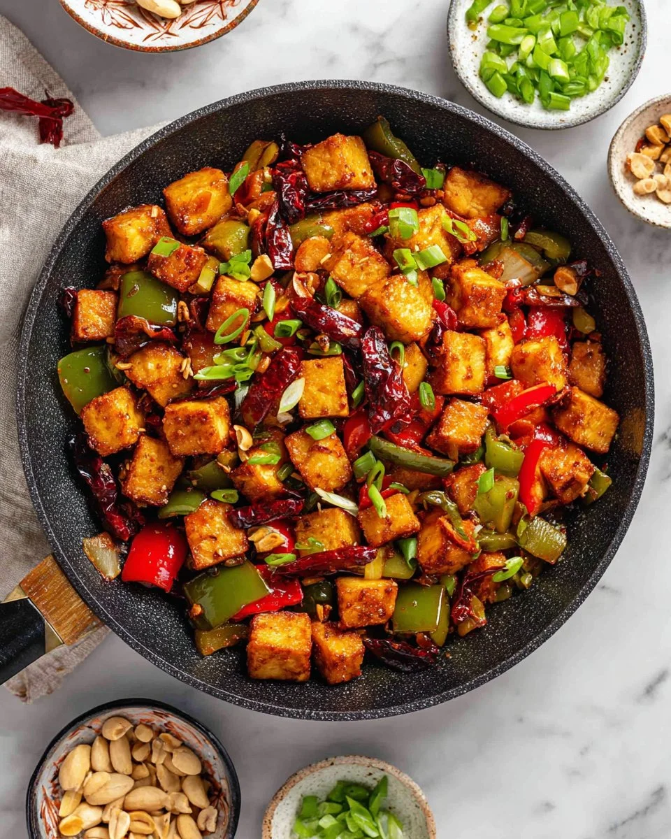 Delicious Kung Pao Tofu stir-fry with vegetables and peanuts on a plate