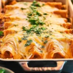 Plate of easy Lazy Enchiladas topped with cheese and salsa.