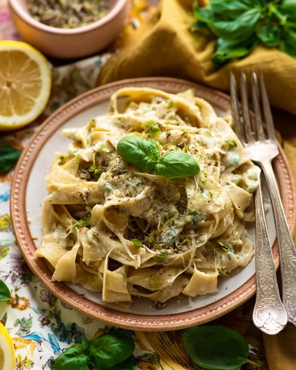 Bowl of creamy Lemon Mascarpone Pasta garnished with lemon zest and herbs