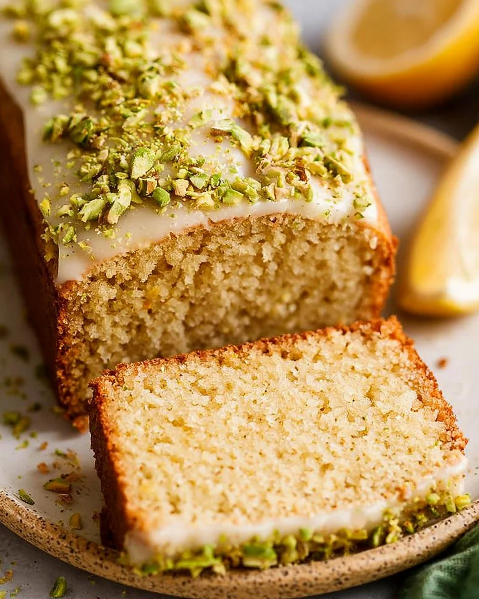 Sliced Lemon Pistachio Loaf garnished with lemon zest