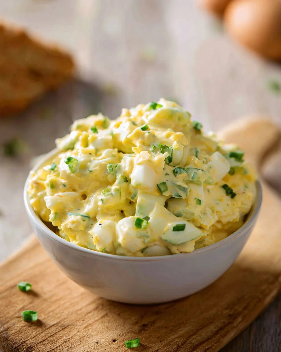 Delicious lighter egg salad served in a bowl with fresh herbs and vegetables