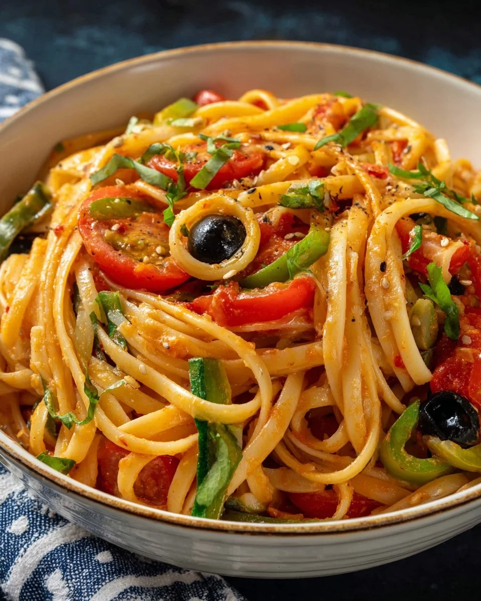 Colorful Linguine Pasta Salad with vegetables and dressing in a bowl
