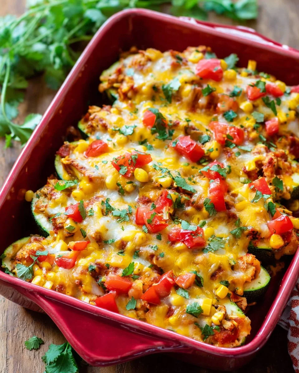 Loaded Chicken Enchilada Zucchini Boats topped with cheese and garnished with cilantro