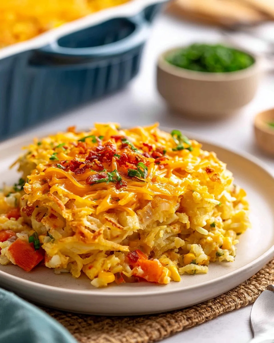 Delicious Loaded Hashbrown Casserole topped with cheese and herbs
