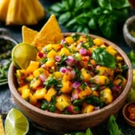 Fresh mango basil salsa served in a bowl with tortilla chips