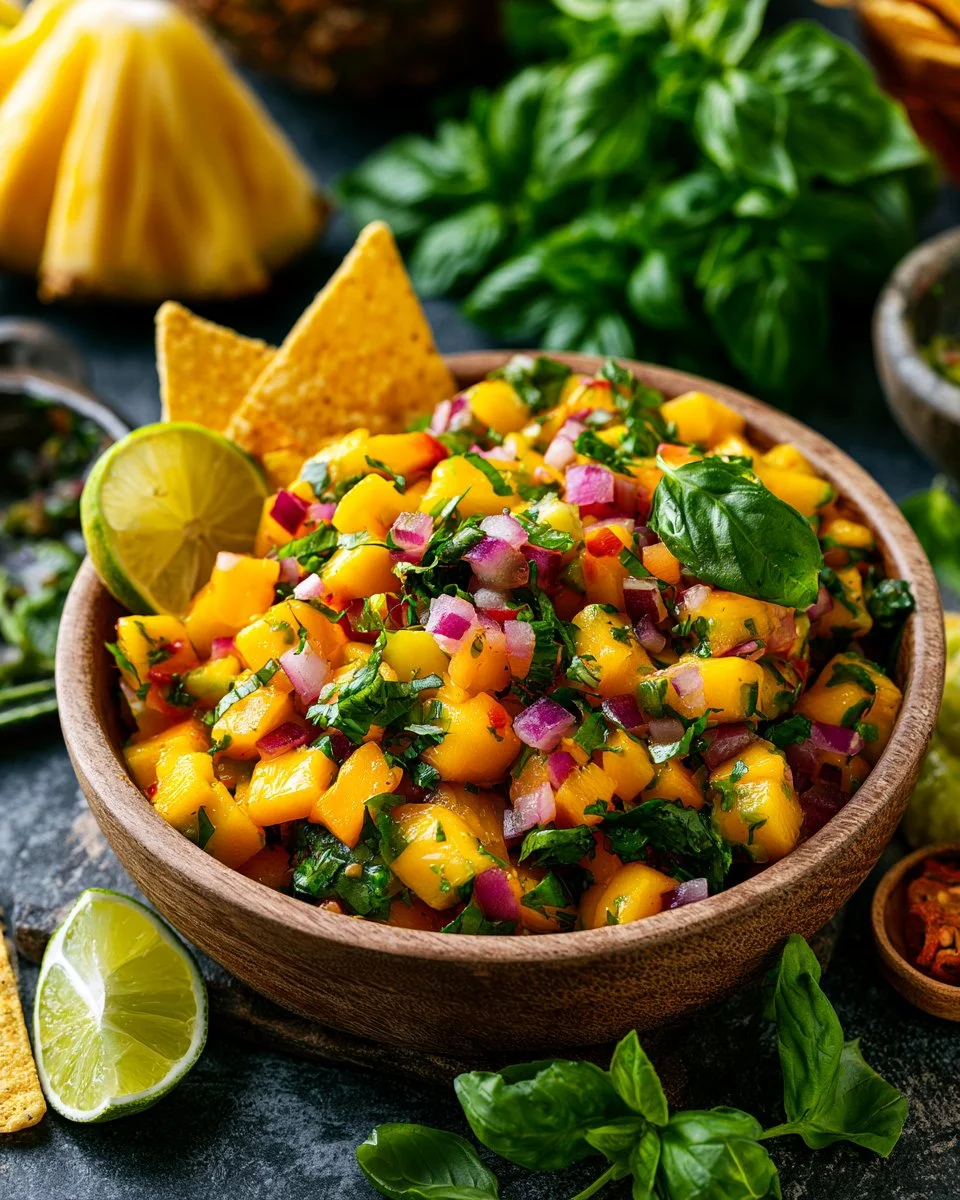 Fresh mango basil salsa served in a bowl with tortilla chips