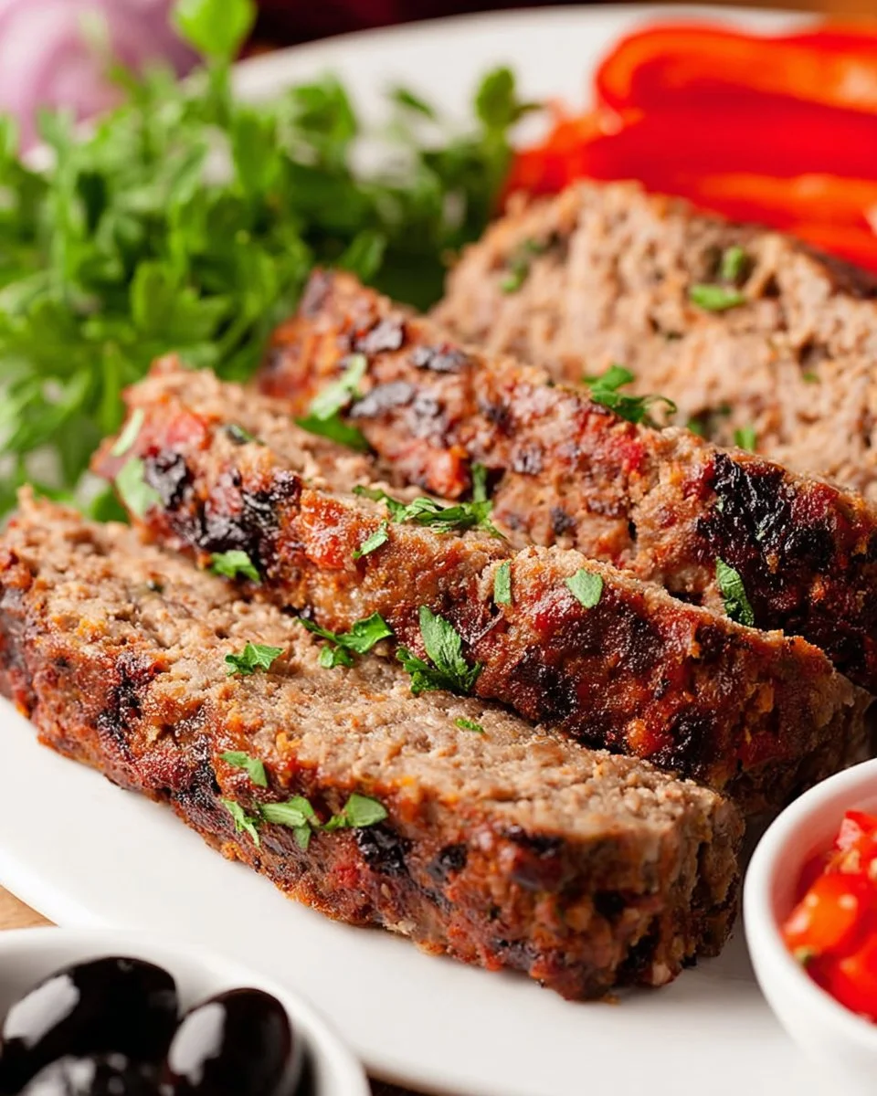 Mediterranean Meatloaf garnished with herbs and tomatoes on a white plate