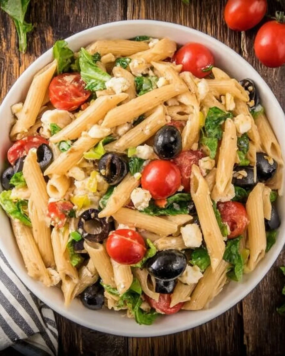 Colorful Mediterranean Pasta Salad with fresh vegetables and herbs in a bowl