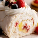 Meringue roulade dessert with cream and fresh fruits