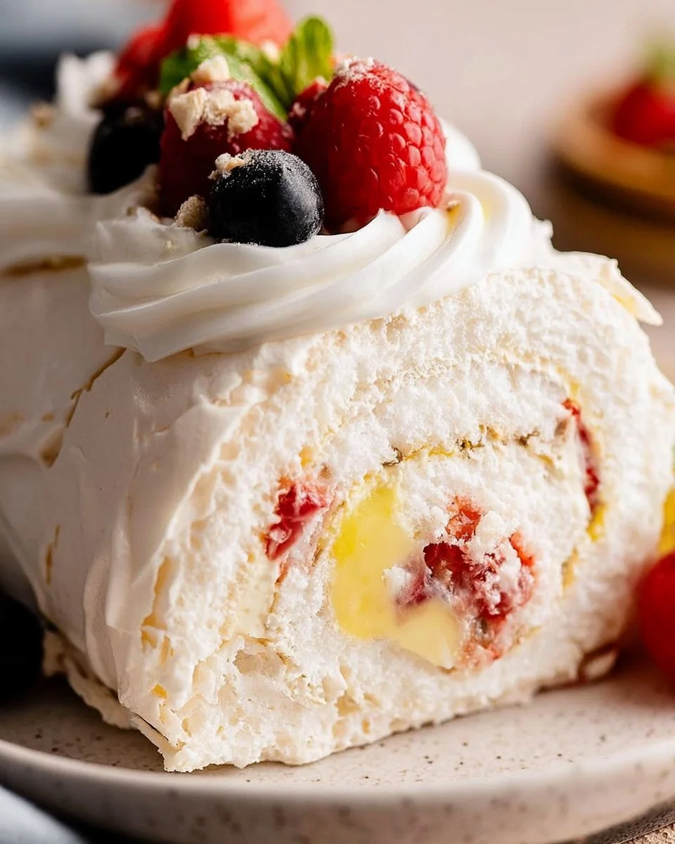 Meringue roulade dessert with cream and fresh fruits