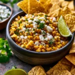 Delicious Mexican street corn dip served in a bowl with toppings