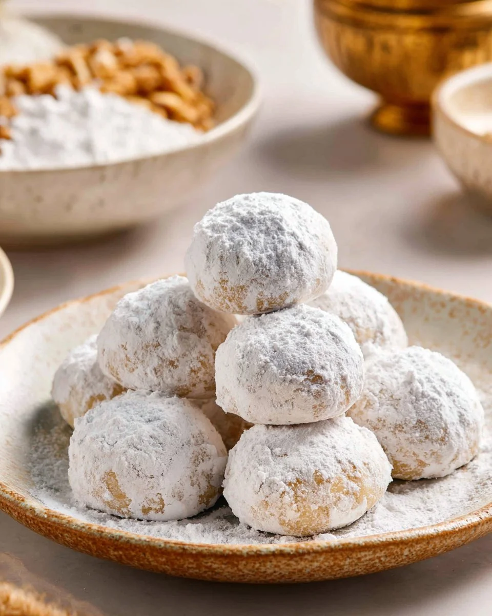 Plate of delicious Mexican Wedding Cookies dusted with powdered sugar