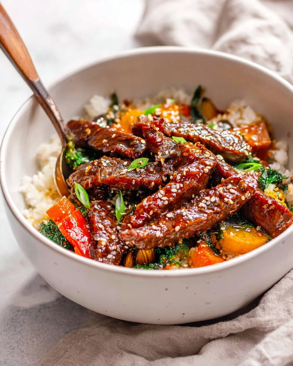 Mongolian Beef Stir Fry Bowl with tender beef and colorful vegetables