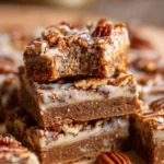 No Bake Pecan Pie Bars topped with pecans and caramel