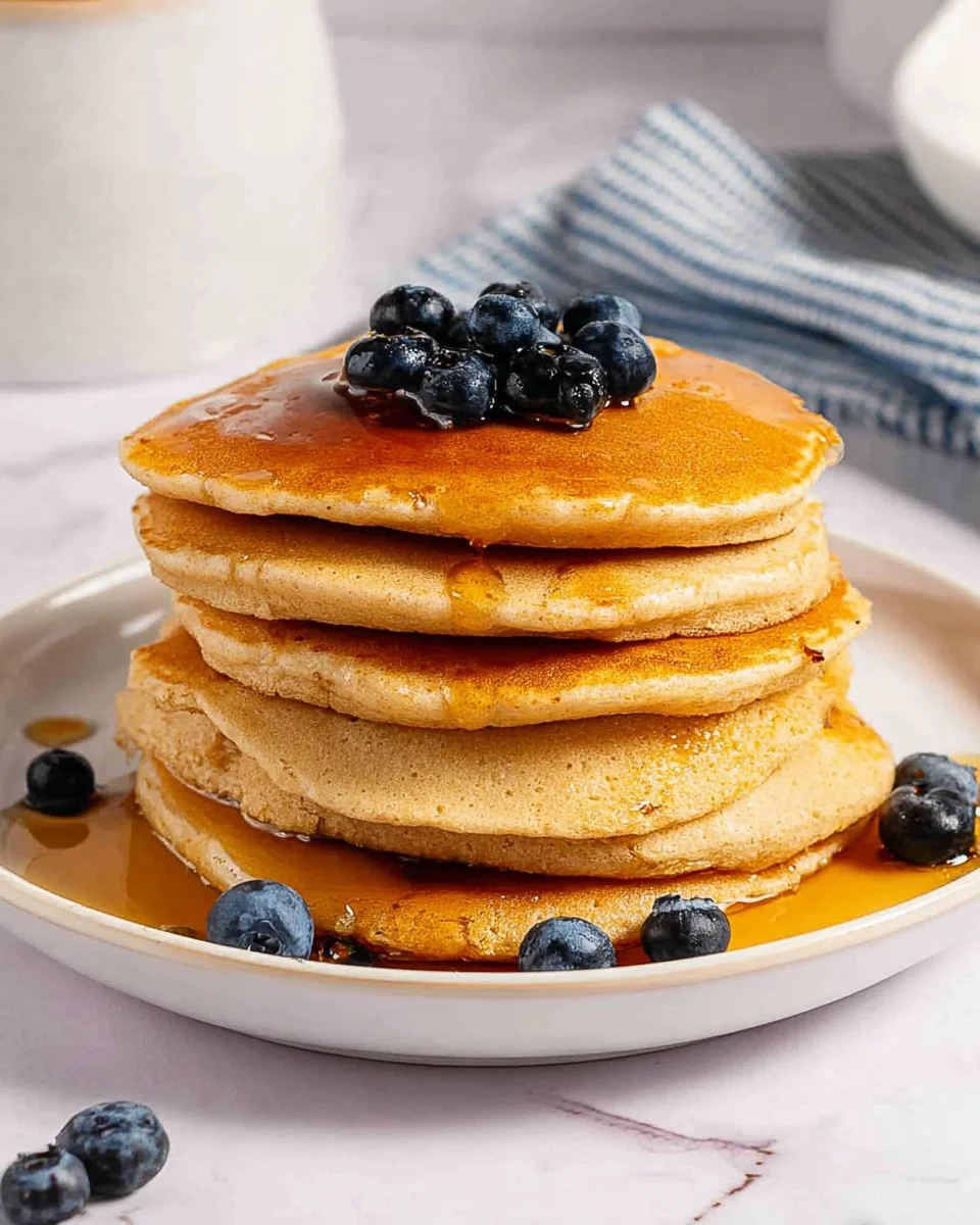 Fluffy oat flour pancakes stacked on a plate with syrup and berries