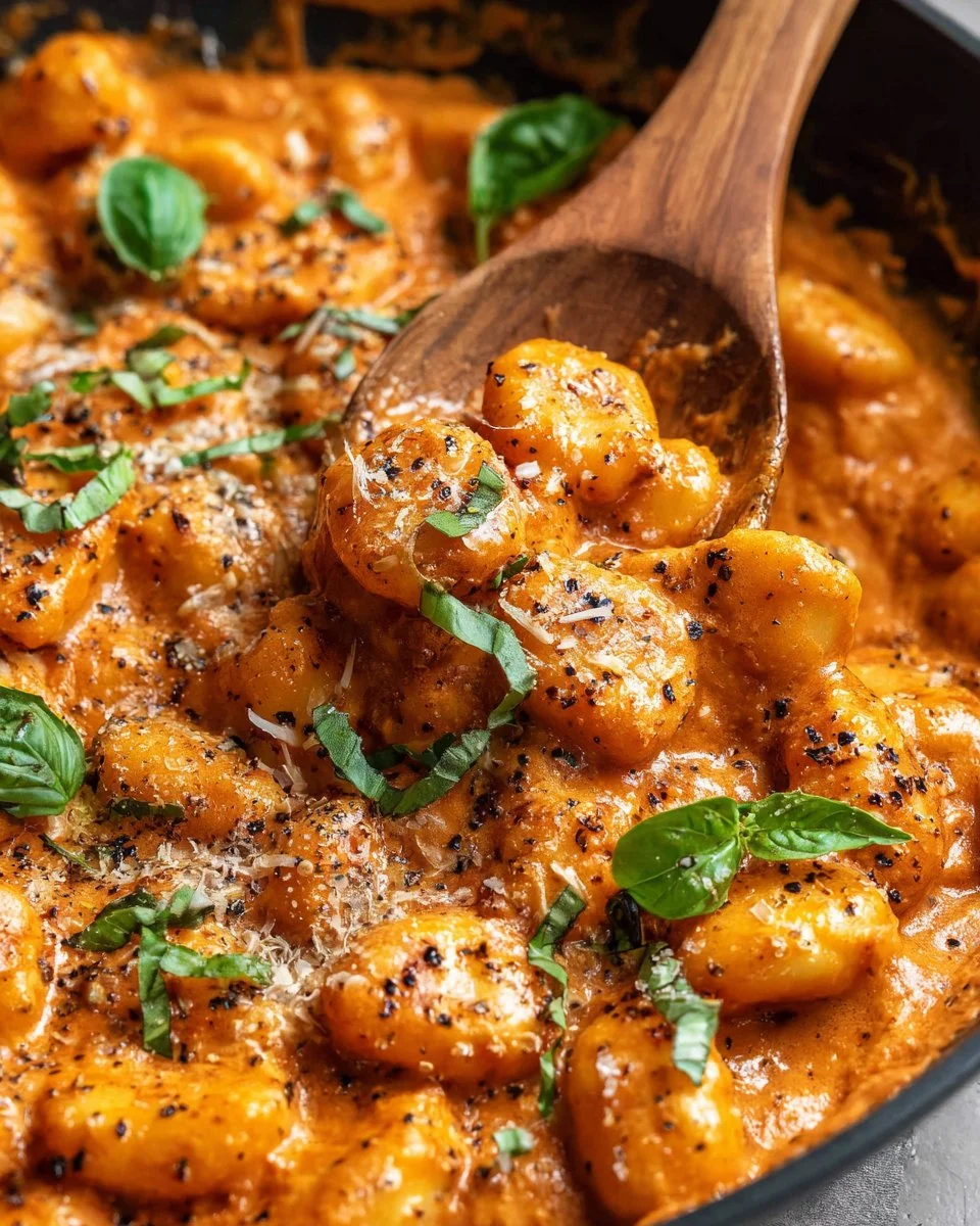 Delicious one pot cheesy tomato gnocchi with melted cheese and fresh tomatoes.