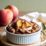 Delicious Peach Baked Oatmeal topped with fresh peaches and served in a bowl