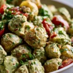 A vibrant bowl of pesto chicken potato salad with fresh ingredients