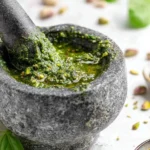 Bowl of homemade pistachio pesto garnished with fresh basil and pine nuts