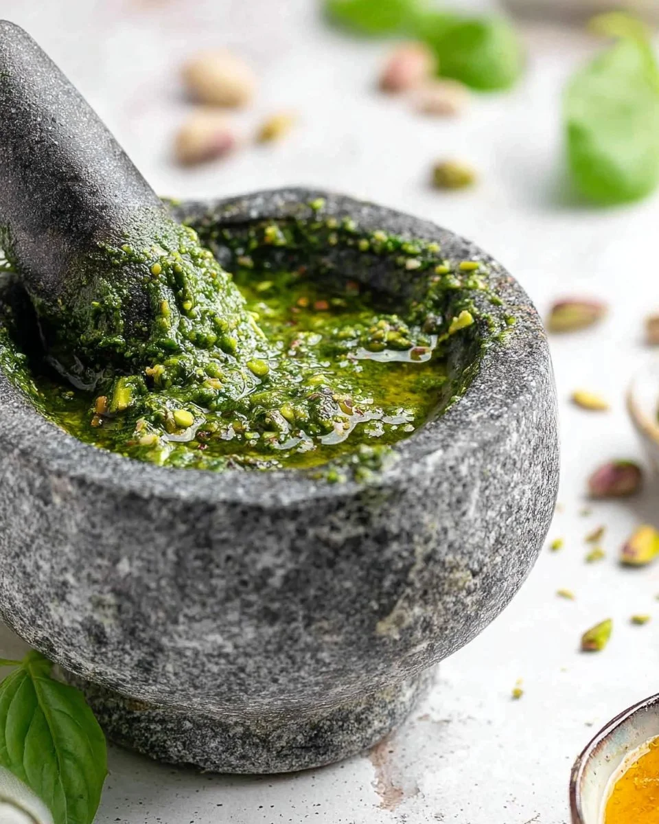 Bowl of homemade pistachio pesto garnished with fresh basil and pine nuts