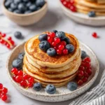 Delicious homemade protein pancakes stacked on a plate with syrup and fruit.