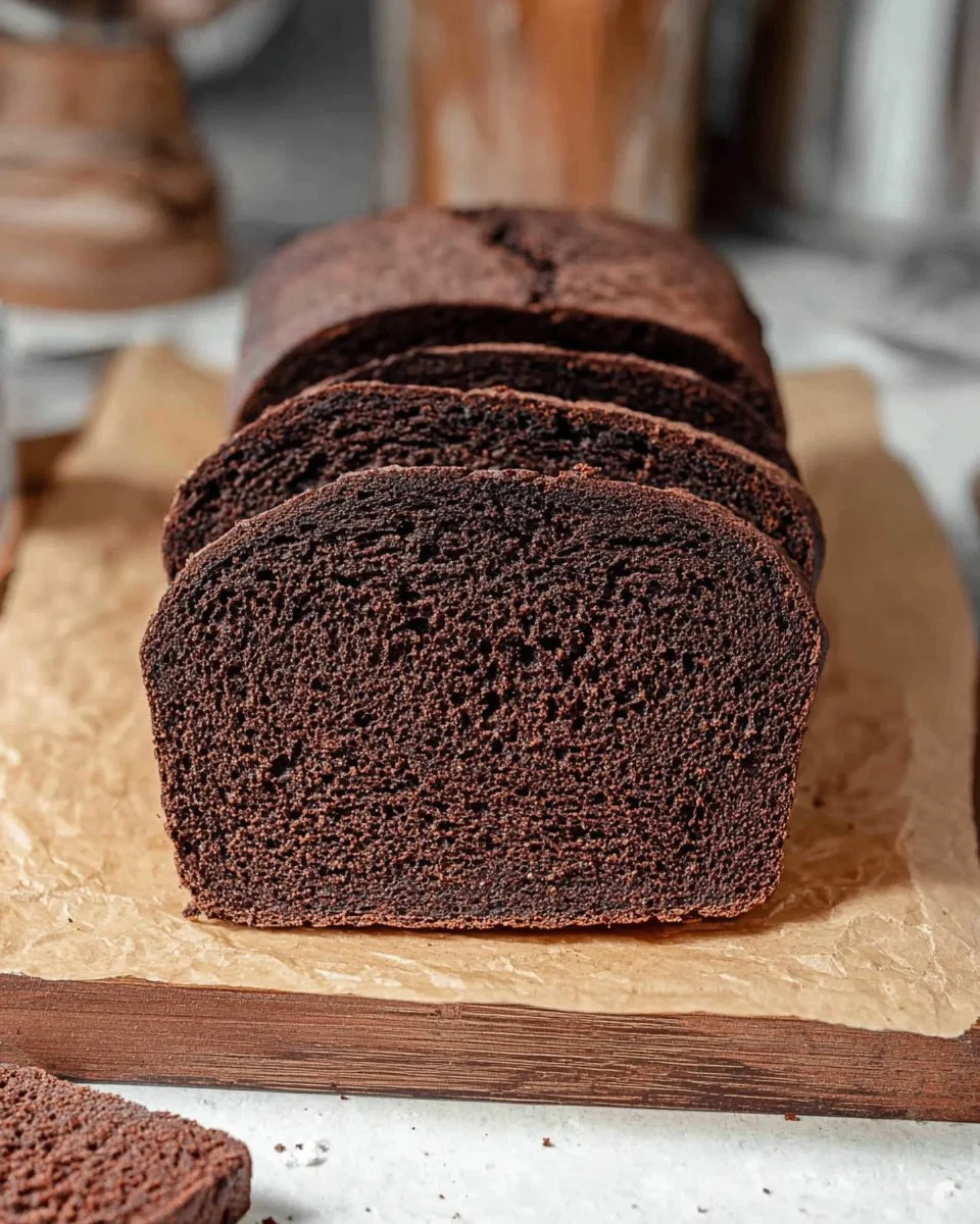 Freshly baked Pumpernickel Bread slices on a wooden cutting board.