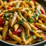 Colorful Rasta Pasta dish featuring vibrant vegetables and spices.