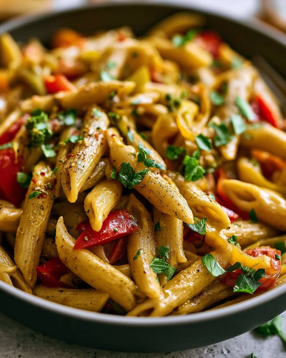 Colorful Rasta Pasta dish featuring vibrant vegetables and spices.