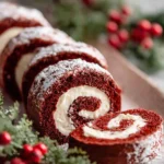 Delicious red velvet cake roll sliced and plated with cream cheese frosting.