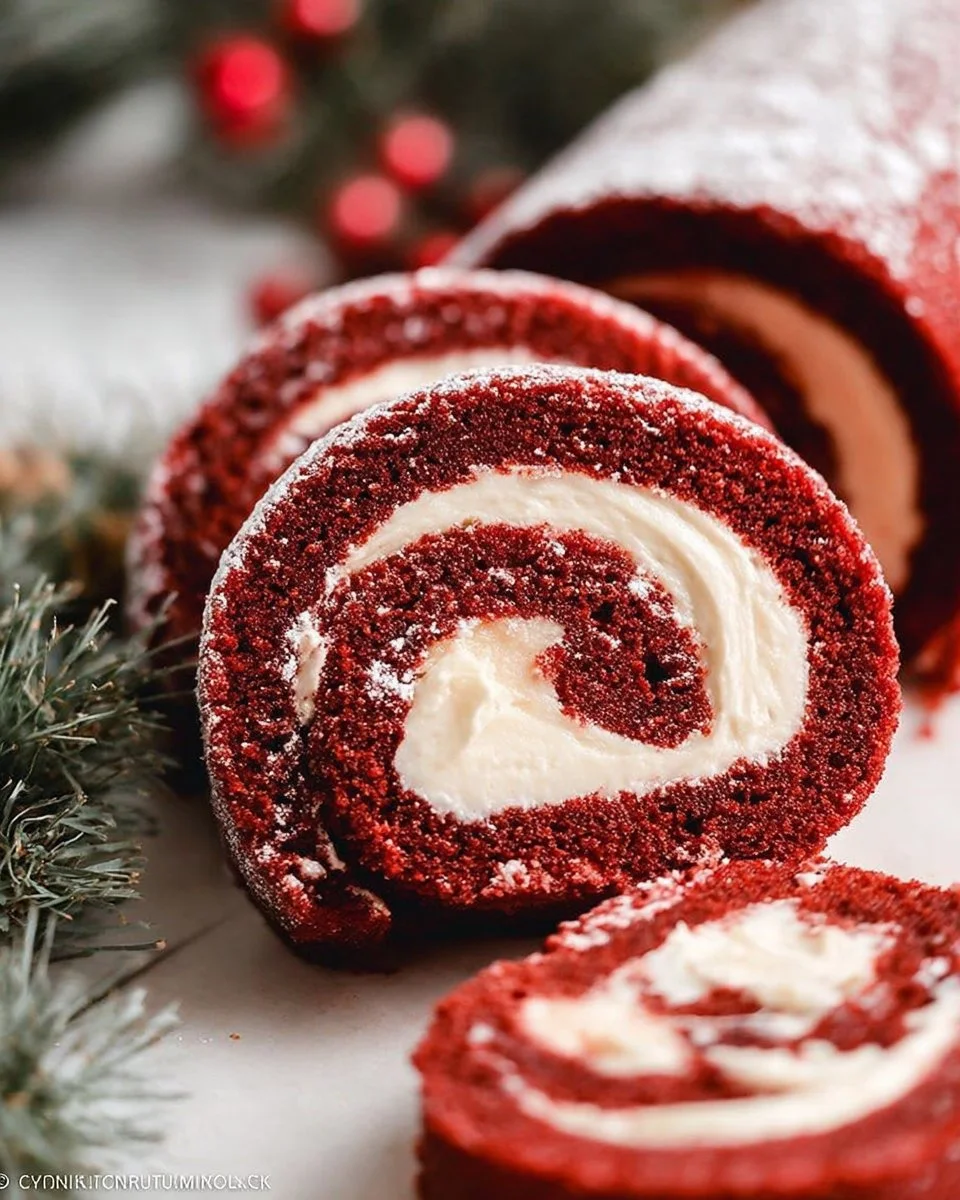 Delicious Red Velvet Cake Roll sliced on a white plate with cream cheese frosting