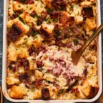Reuben Bake Casserole dish ready to serve, featuring layers of corned beef and sauerkraut.